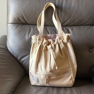 Vintage Fossil Beige and Pink Drawstring Tote Bag